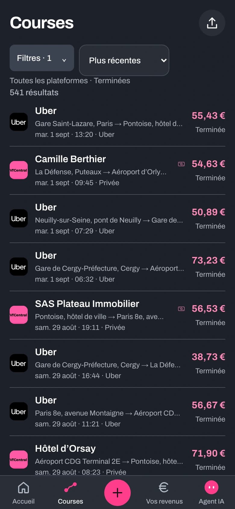 Liste des courses dans l’application VTCentral, avec filtres et montants
