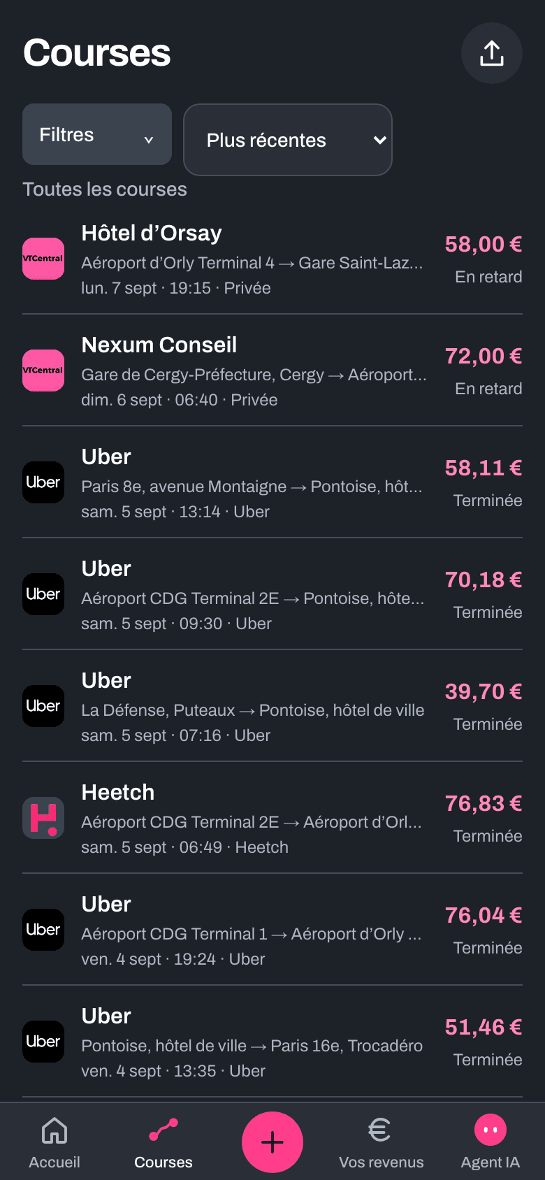 Liste des courses VTCentral, filtrée sur les courses terminées, avec des clients fictifs de démonstration.