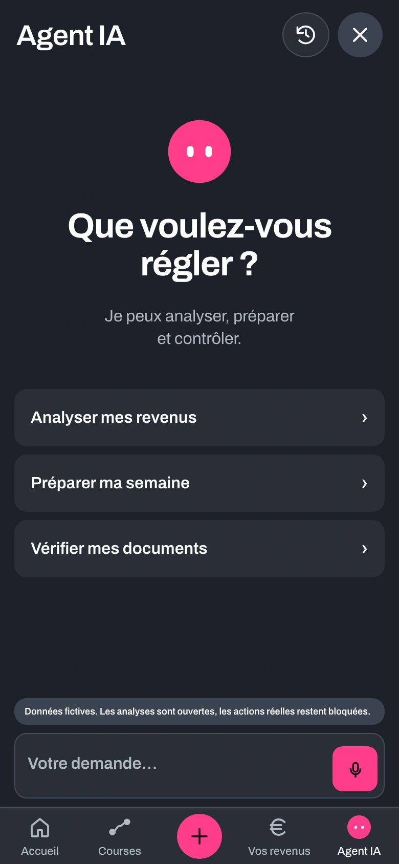 Accueil réel de l’agent VTCentral : analyser les revenus, préparer la semaine et vérifier les documents