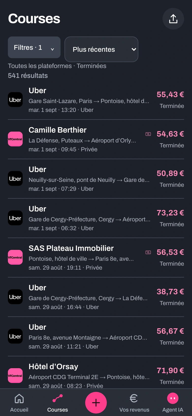 Écran Courses réel de VTCentral, avec le filtre des courses terminées