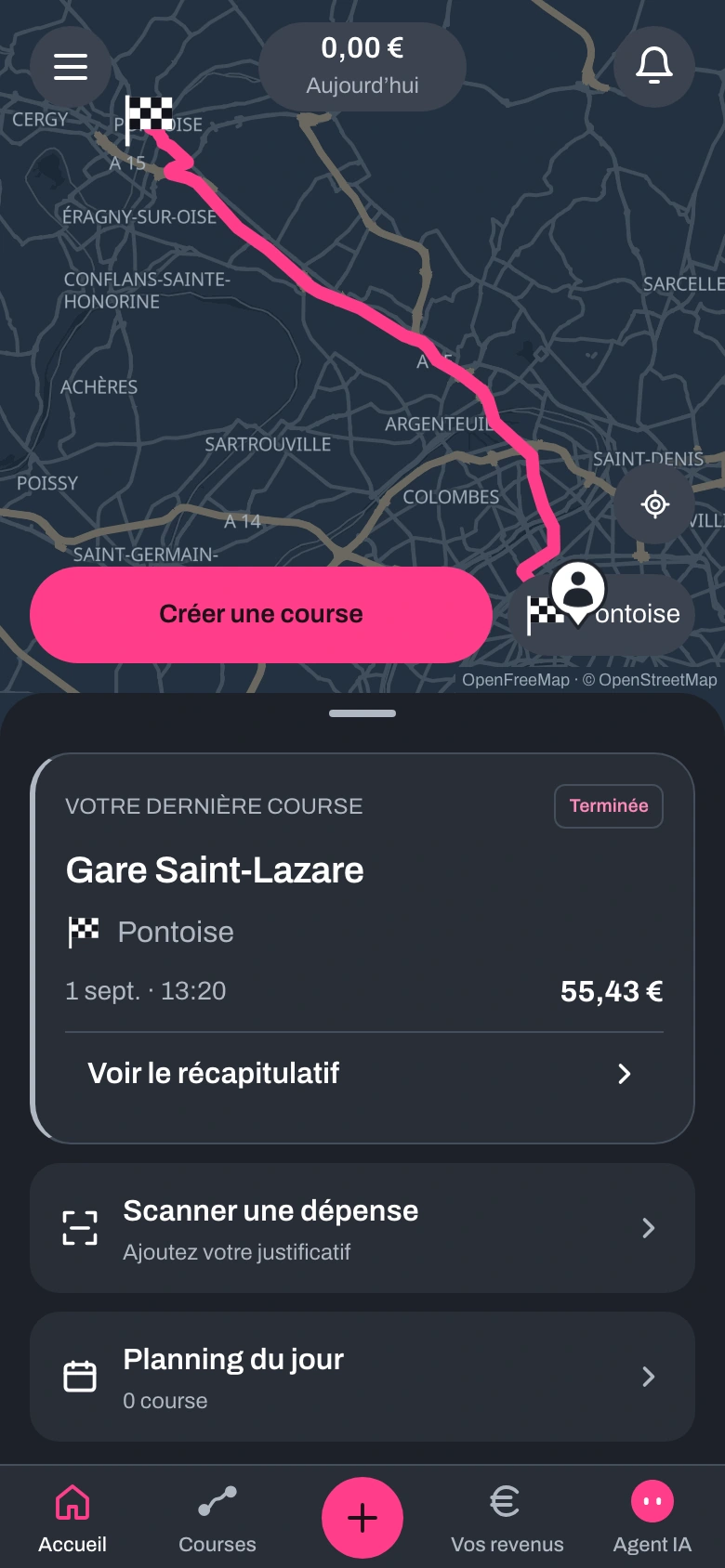 Accueil réel de VTCentral : carte, dernière course et accès au planning